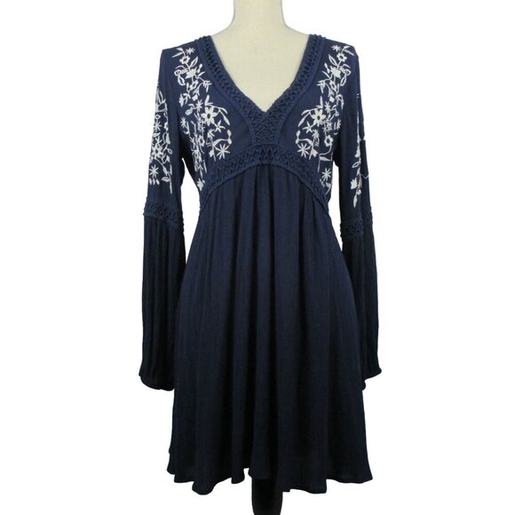 BLUE RAIN Boho Floral Embroidered Navy Blue Long Sleeve Mini Dress Black Size M - Picture 1 of 8